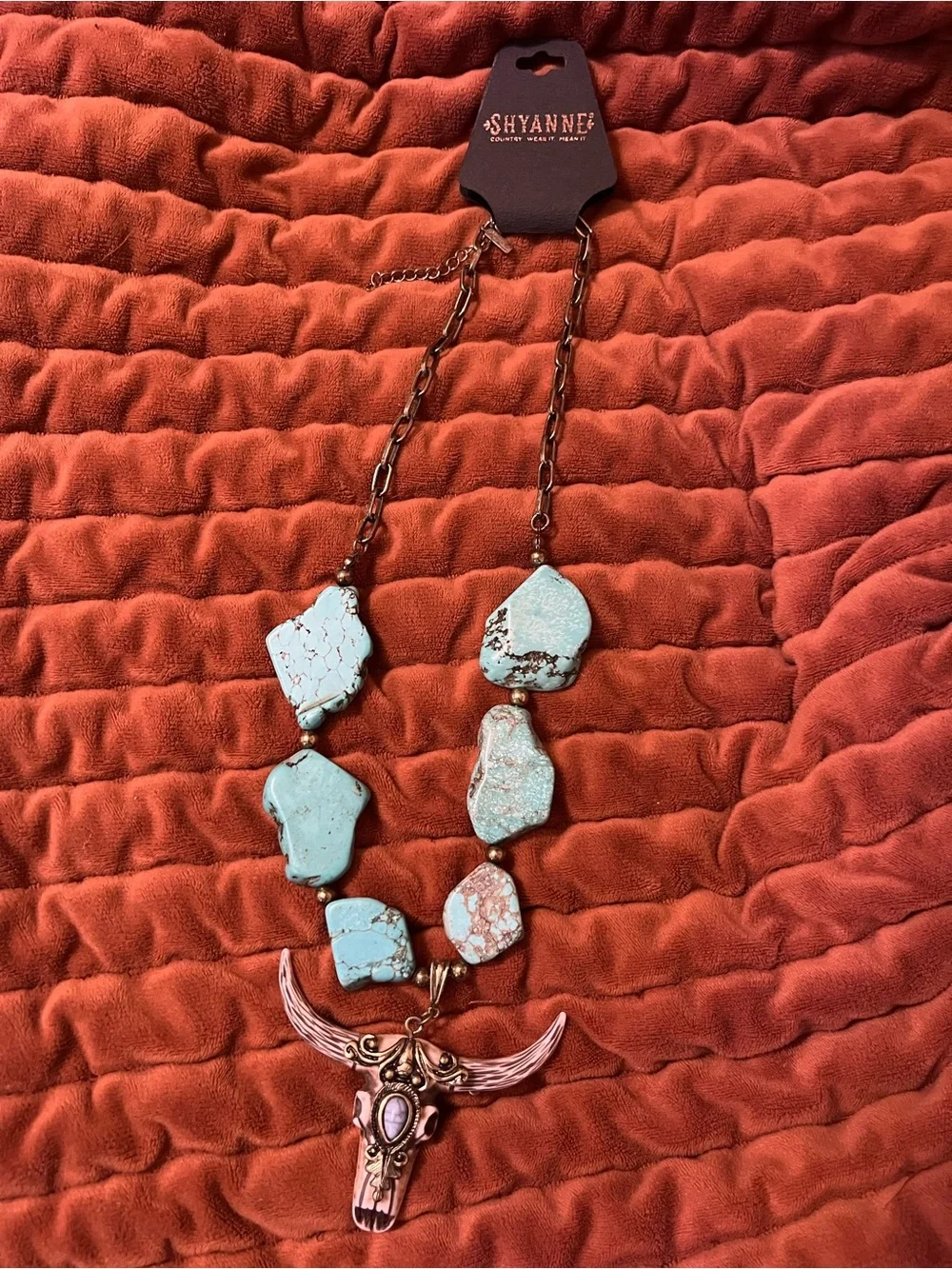 Shyanne Turquoise Stone Bull Skull Statement Necklace with Copper Accents